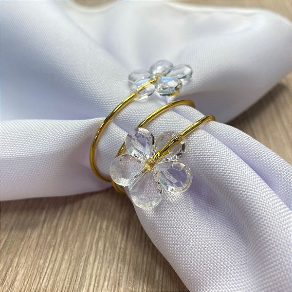 Porta Guardanapo Aramado Arame Dourado com Flores Transparentes 01 Unidade Rizzo