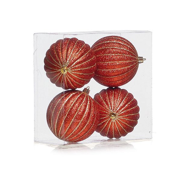 Kit Bolas Texturizadas Listras Vermelho e Ouro 10cm - 04 unidades - Cromus Natal - Rizzo Balões