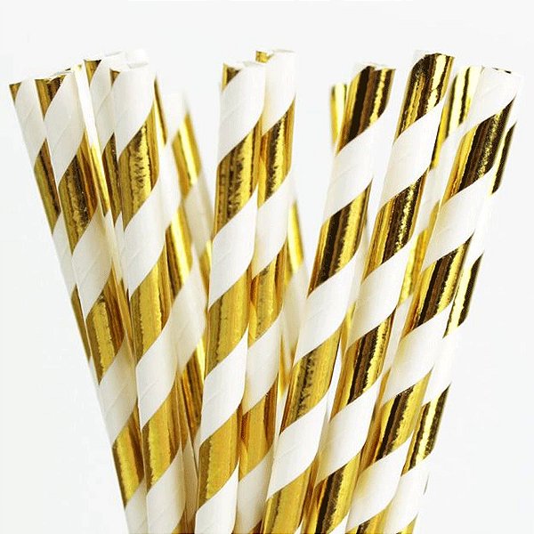 Canudo de Papel Nacarado Dourado Listra 20cm 20 Unidades