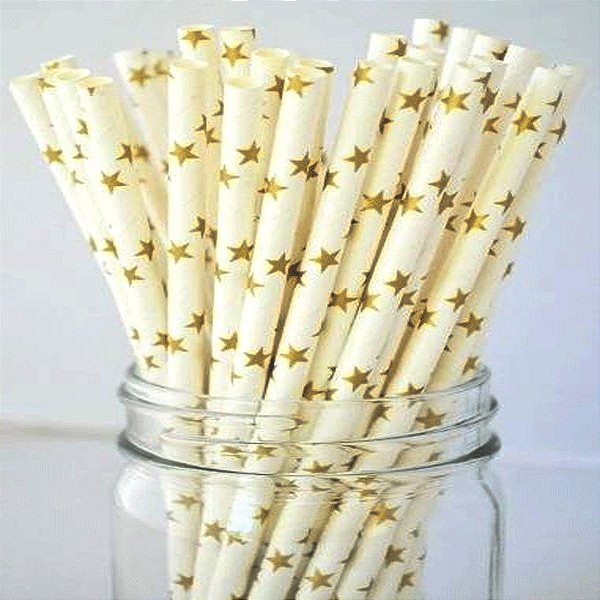 Canudo de Papel Nacarado Dourado Estrelas 20cm 20 Unidades