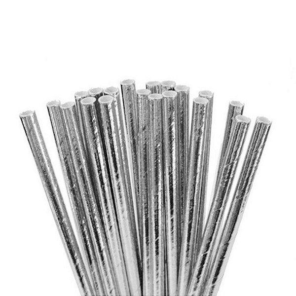 Canudo de Papel Nacarado Prateado 20cm 20 Unidades
