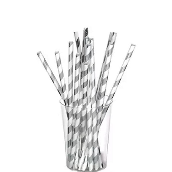 Canudo de Papel Nacarado Prateado Listra 20cm 20 Unidades