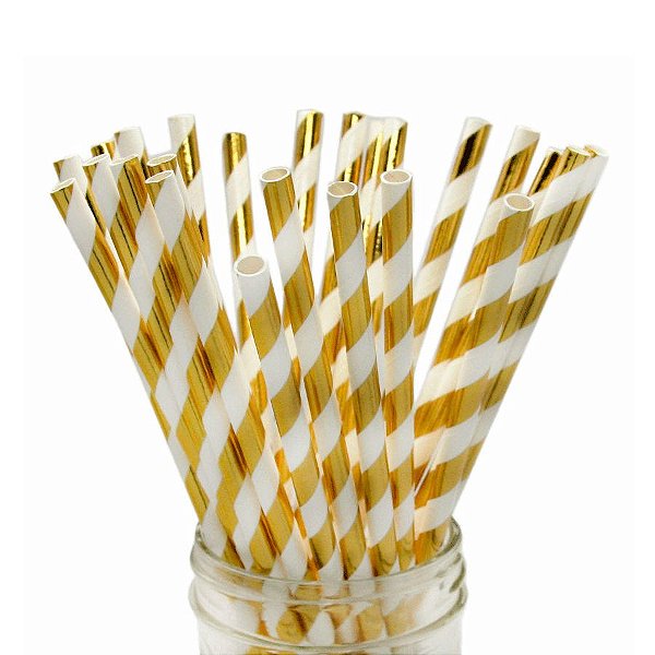 Canudo de Papel Nacarado Nude Brilhante Listra 20cm 20 Unidades