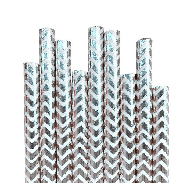 Canudo de Papel Nacarado Prateado Listrado 20cm 20 Unidades