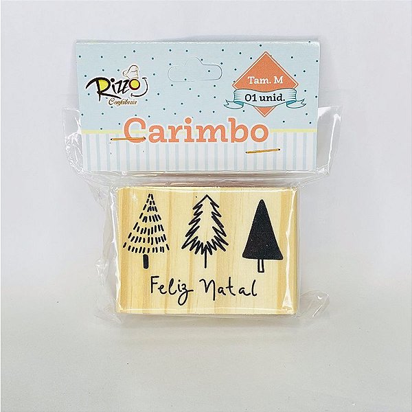 Carimbo Artesanal de Madeira - Natal - Feliz Natal com Árvores M - 1 UN - Rizzo