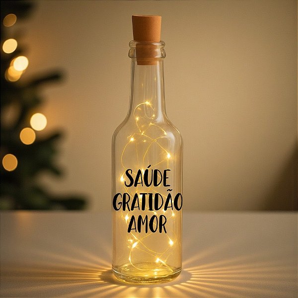 Garrafa Long Neck de Vidro com Rolha Led Saúde Gratidão Amor Mod2 - 01 Unidade - Rizzo