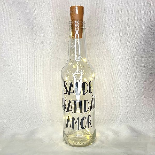 Garrafa Long Neck de Vidro com Rolha Led Saúde Gratidão Amor Mod2 - 01 Unidade - Rizzo