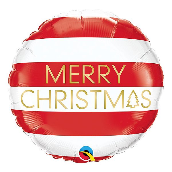 Balão de Festa Microfoil 18" - Merry Crhistmas Listras Vermelho e Branco - 01 Unidade - Qualatex - Rizzo Balões