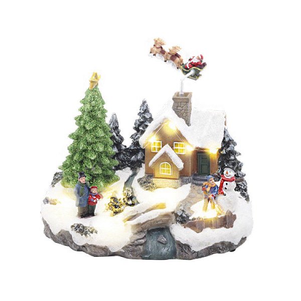 Cenário Vila com Noel no Trenó e Boneco de Neve, com Luz, Som e Movimento - 01 unidade - Cromus Natal -