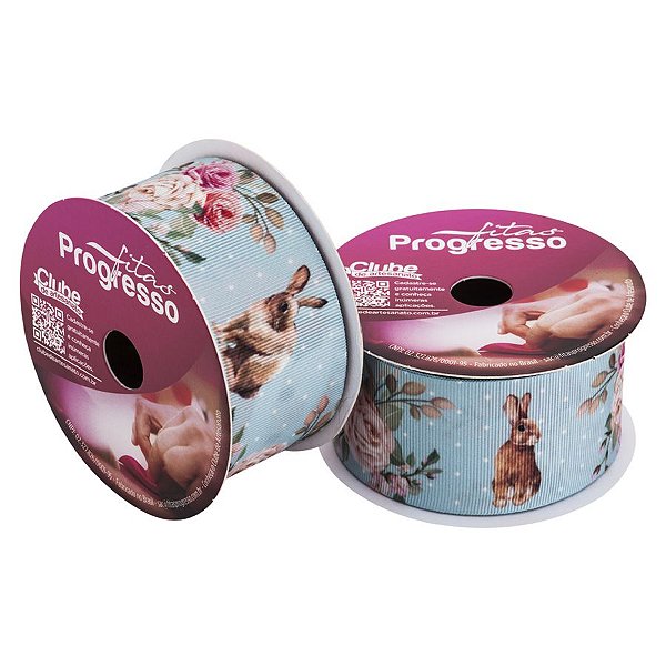 Fita Gorgurão Progresso 38mm - 10m Cor 302 Azul Rosas e Coelho - 1 unidade - Progresso - Rizzo