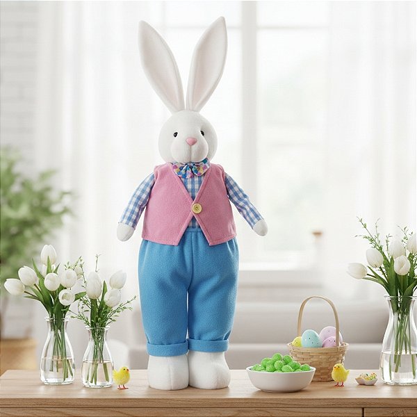 Coelho Decorativo Em Pé Colete Rosa/Azul G - 1 unidade - Cromus - Rizzo
