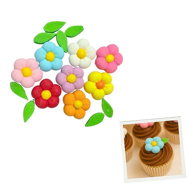 Mini Confeito - Kit Primavera Margaridas Coloridas - 8 Flores e 8 Folhas - Abelha Confeiteira - Rizzo