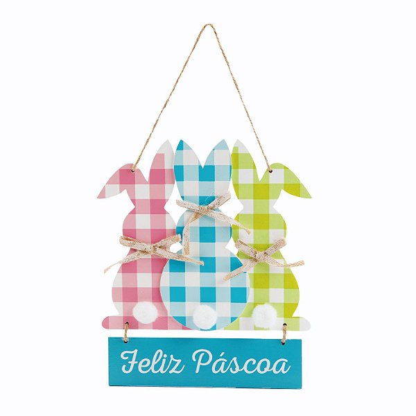 Placa para Pendurar Coelhinhos Coelho Feliz Páscoa - 30cm x 18cm - 1 unidade - Cromus Páscoa - Rizzo