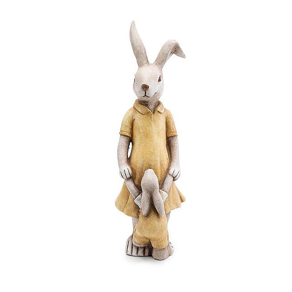 Coelho Decorativo de Resina com Vestido e Filhote - Rain Coat - Amarelo e Bege - 1 unidade - Cromus - Rizzo