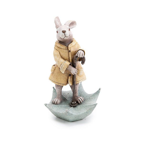 Coelho Decorativo de Resina Capa e Guarda Chuva - Rain Coat - Amarelo e Bege - 1 unidade - Cromus - Rizzo