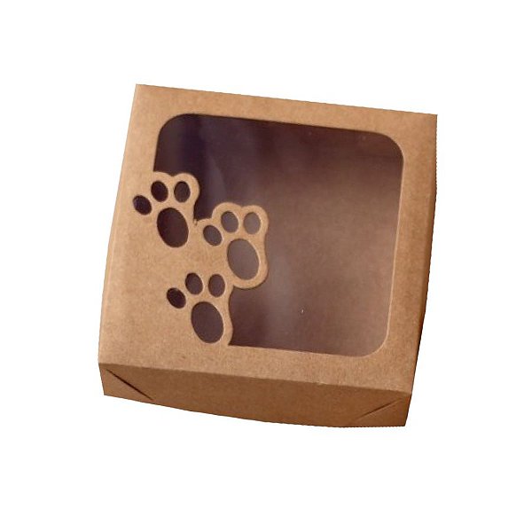 Caixa Quadrada 12x12cm Visor Patinhas Kraft - 10 unidades - Crystal - Rizzo