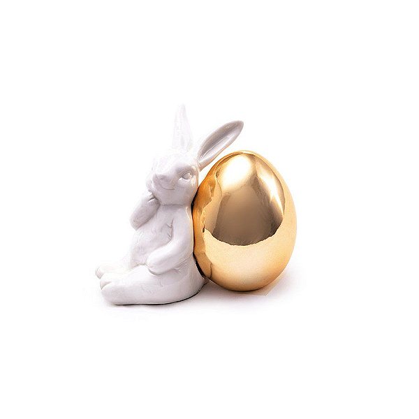 Coelho de Porcelana de Páscoa Encostado em Ovo de Ouro - Páscoa Dourada - 1 unidade - Cromus