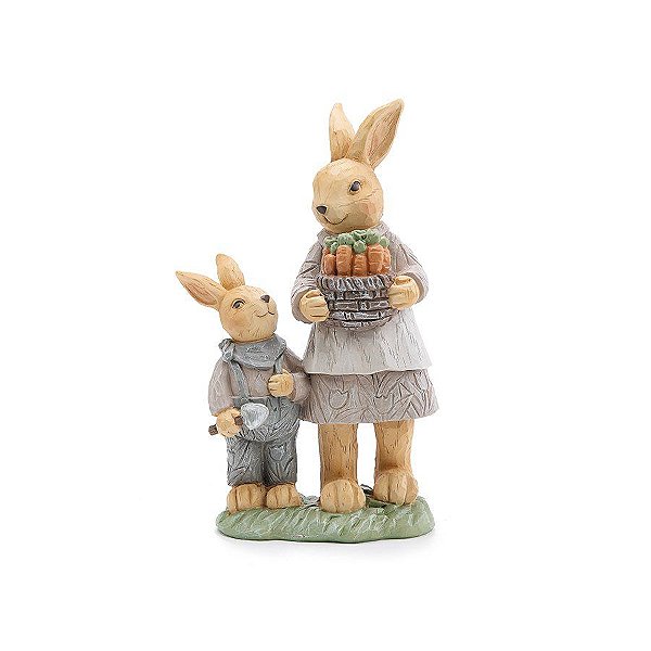 Resina Decorativa de Páscoa Coelha Segurando Cesta com Filhote - 1 unidade - Cromus
