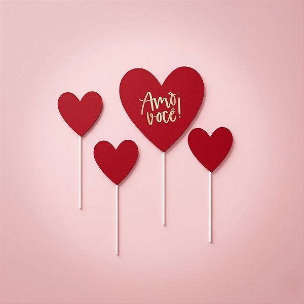 Kit Topo de Bolo "Amo Você" - Vermelho e Dourado - 1 unidade - Cromus - Rizzo