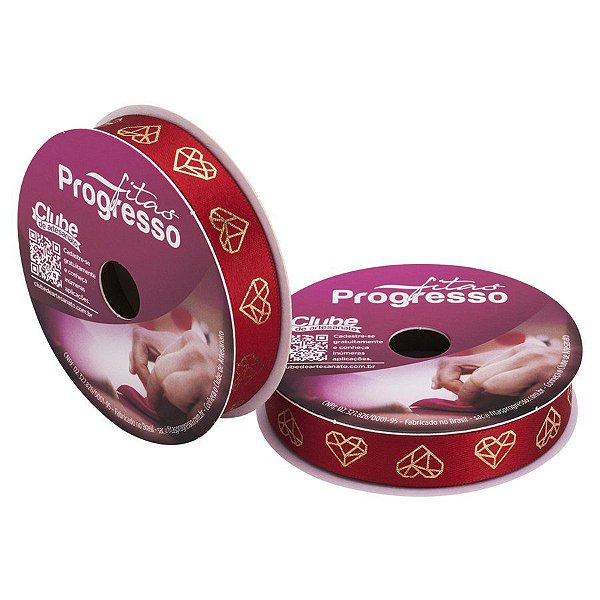 Fita em Cetim Corações Lapidados Vermelho e Dourado - Cor 391 - 10 m x 15 mm - 1 unidade - Fitas Progresso