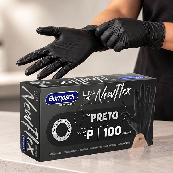 Luva Descartável TPE NewFlex Preta P  - 100 unidades - Bompack - Rizzo