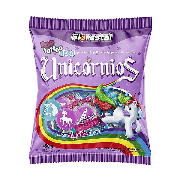 Pirulito Tatoo - Tatuagem de Língua - Unicórnio - Sabor Algodão Doce - 450g - 25 unidades - Florestal - Rizzo