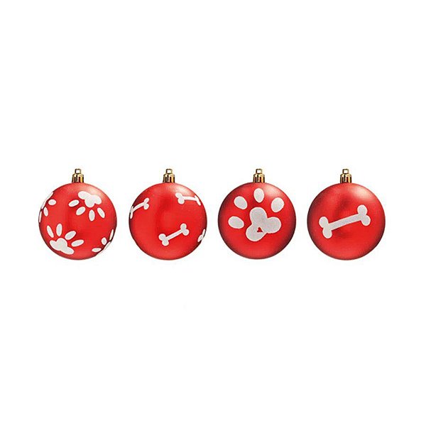 Bola Natalina Vermelha - Tema Cachorros Pata e Ossos - ø 6 cm - 6 unidades - Cromus - Rizzo