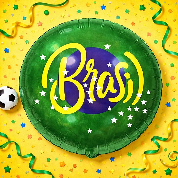 Balão Redondo Metalizado Micro Foil 18" - Festa Brasil Estrelado - Ref. 8743 - 1 unidade
