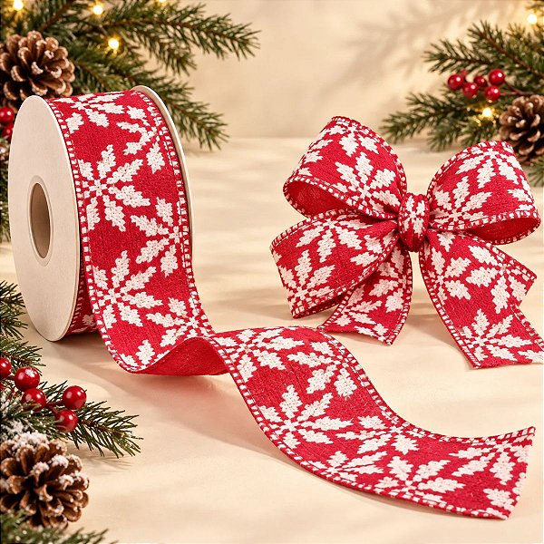 Fita Aramada - "Vermelha com Flocos Brancos" - Cromus Natal - 1 unidade - Rizzo Balões