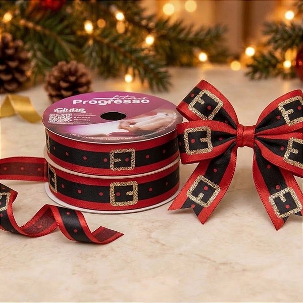 Fita de Cetim ECF003TG 15 mm - Cor 001 Cinto Papai Noel - Rolo 10 Metros - 1 unidade - Fitas Progresso - Rizzo