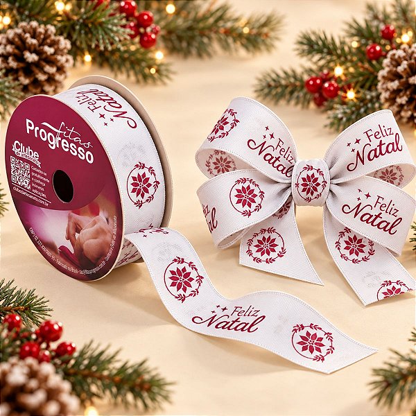 Fita de Cetim ECF005H 22 mm - Cor 871 - Frase Feliz Natal - Rolo 10 Metros - 1 unidade - Fitas Progresso - Rizzo