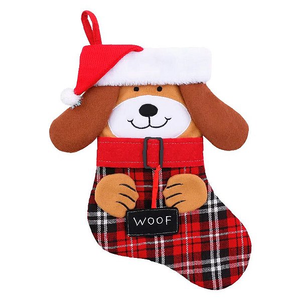 Meia Natalina Decorativa - Cachorrinho "Woof" - 41 cm - Cromus Natal - 1 unidade - Rizzo Balões