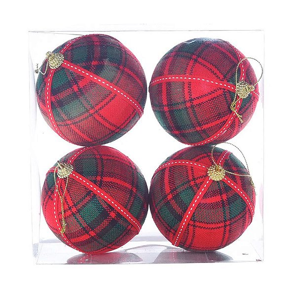 Bolas de Natal Xadrez - Vermelho/Verde - 10 cm - 4 unidades - Cromus - Rizzo