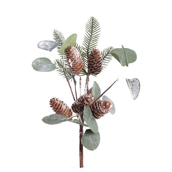 Galho Pinheiro Com Pinhas Nevado - 38cm  - 1 unidade - Cromus - Rizzo