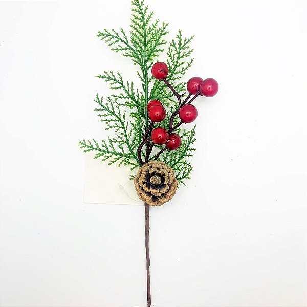 Pick Decorativo de Natal - Galho de Frutas e Pinha Verde e Vermelho - 28cm  - 1 unidade - Cromus - Rizzo