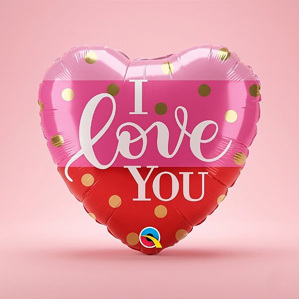 Balão de Festa Microfoil 18" 46cm - Coração I Love You Bolinhas Douradas - 1 unidade - Qualatex - Rizzo