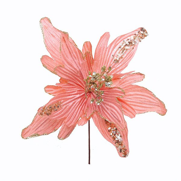 Flor de Cabo Curto Poinsétia Rosa Velho com Gliter Ouro - 28 cm - 1 unidade - Cromus - Rizzo