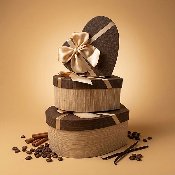 Kit Caixa Papel Rígido Coração Beje e Marrom com Laço Beje - 3 unidades - Rizzo