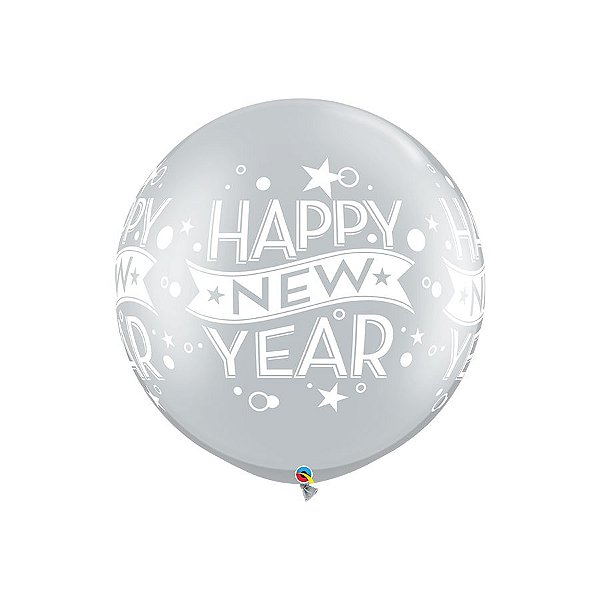 Balão de Festa Látex Liso Decorado - Happy New Year Pontos Prata - 30" 75cm - 2 unidades - Qualatex Outlet - Rizzo