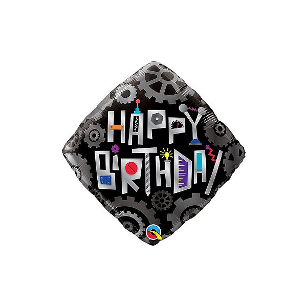 Balão de Festa Microfoil 18" 46cm - Diamante Happy Birthday Peças de Robô - 1 unidade - Qualatex Outlet - Rizzo