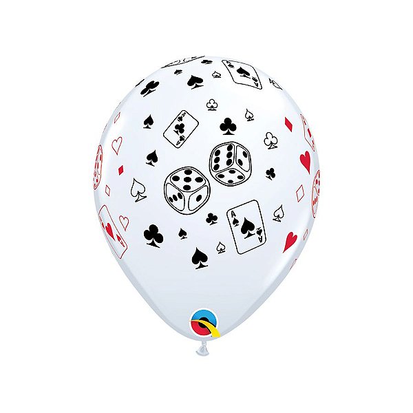 Balão de Festa Látex Liso Decorado - Cartas e Dados Branco - 11" 28cm - 50 unidades - Qualatex Outlet - Rizzo