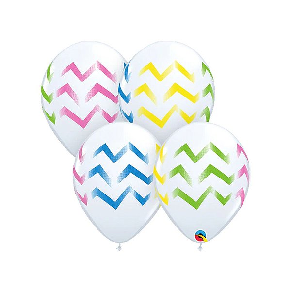 Balão de Festa Látex Liso Decorado - Listras Chevron Coloridas - 11" 28cm - 50 unidades - Qualatex Outlet - Rizzo