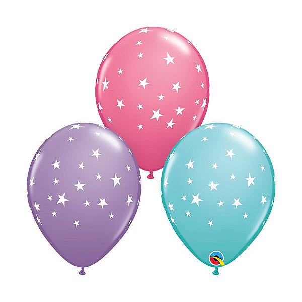 Balão de Festa Látex Liso Decorado - Estrelas Contemporâneas - 11" 28cm - 50 unidades - Qualatex Outlet - Rizzo