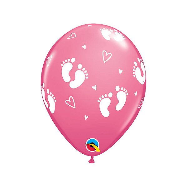 Balão de Festa Látex Liso Decorado - Pegadas de Bebê e Corações Rosa - 11" 28cm - 6 unidades - Qualatex Outlet - Rizzo