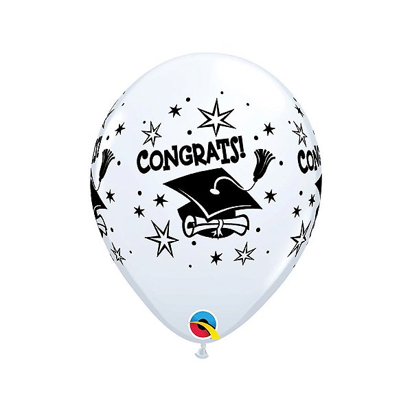 Balão de Festa Látex Liso Decorado - Congrats! Cap Branco - 11" 28cm - 50 unidades - Qualatex Outlet - Rizzo