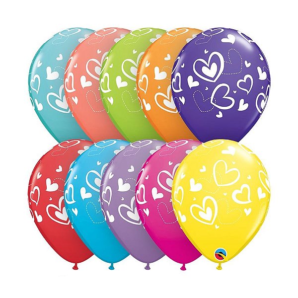 Balão de Festa Látex Liso Decorado - Mix de Corações - 11" 28cm - 6 unidades - Qualatex Outlet - Rizzo
