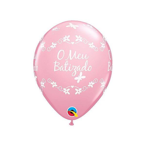 Balão de Festa Látex Liso Decorado - O Meu Batizado Borboleta Rosa - 11" 28cm - 50 unidades - Qualatex Outlet - Rizzo