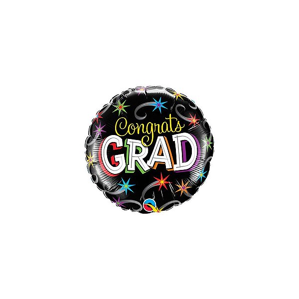 Balão de Festa Microfoil 9" 23cm - Redondo Congrats Grad Explosão de Estrelas - 1 unidade - Qualatex Outlet - Rizzo