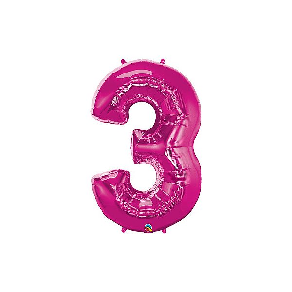 Balão de Festa Microfoil 34" 86cm - Número Três Magenta - 1 unidade - Qualatex Outlet - Rizzo
