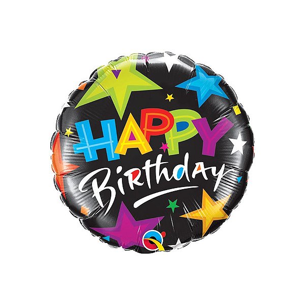 Balão de Festa Microfoil 18" 46cm - Redondo Happy Birthday Estrelas com Preto - 1 unidade - Qualatex Outlet - Rizzo